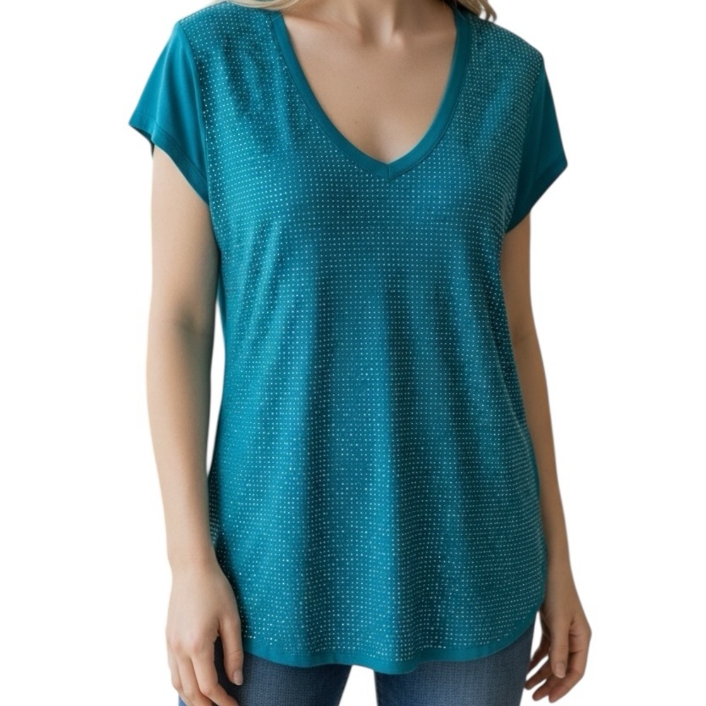 i jeans by Buffalo Green Sequin Fitted Tee Size Small Viscous Short Sleeve